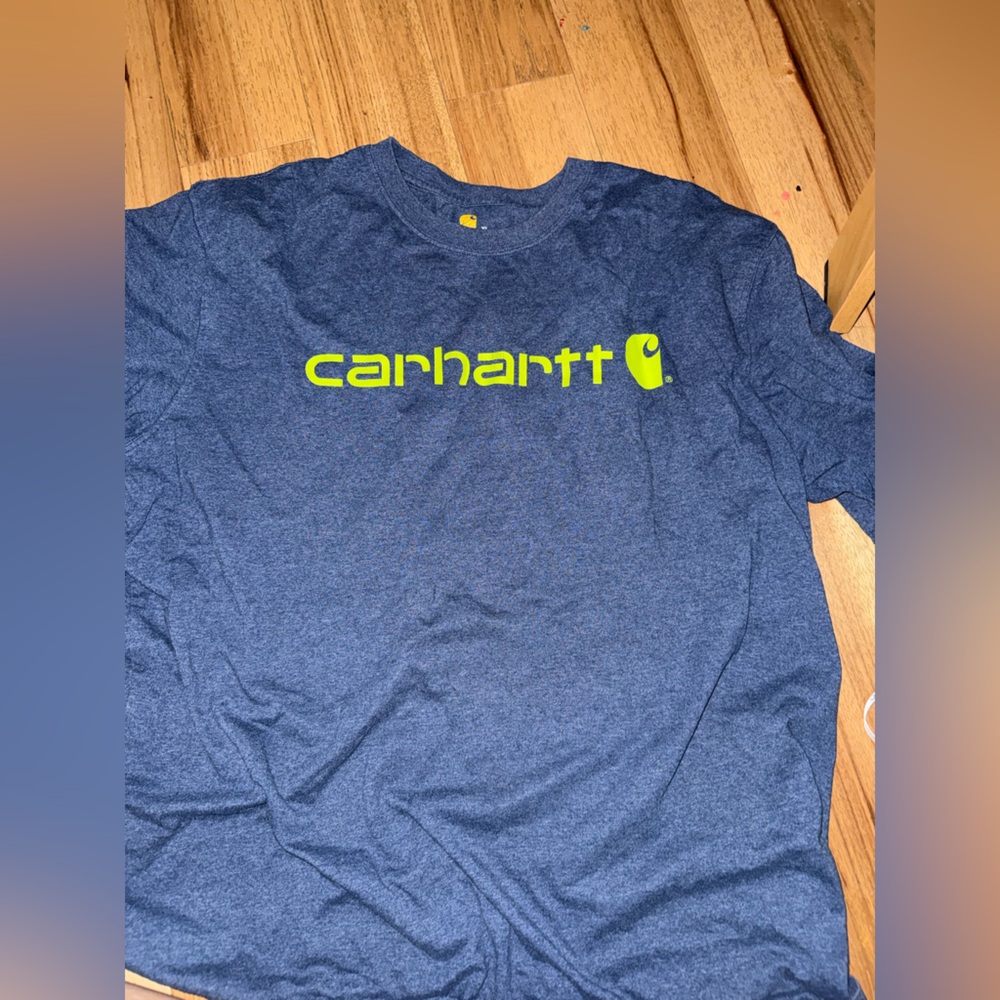 Carhartt Blue Short Sleeve Tee with Neon Yellow Logo